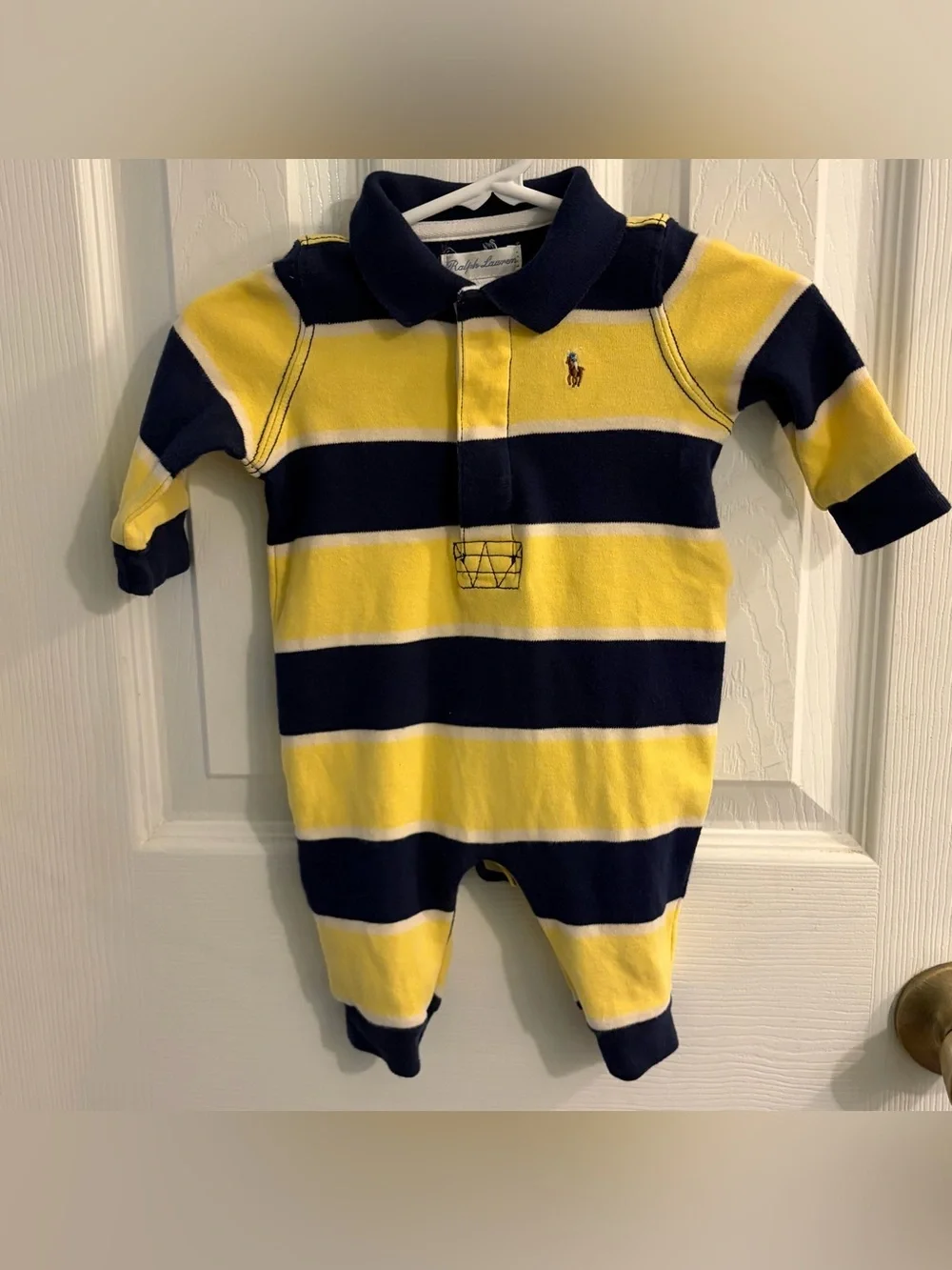 Ralph Lauren Baby Boy's Blue and Yellow Striped Collared Romper Size 3 Months